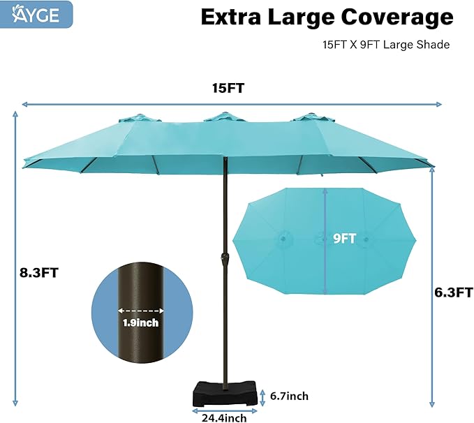 Ayge 15FT Patio Umbrella with Base,Large Outdoor Double-Sided Rectangle Umbrella with Crank Handle, Market Umbrella for Poolside Garden Deck Backyard Beach Pools,Light Blue