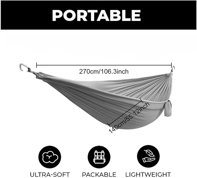 270x140cm Parachute Canopy Hammock Ultra Light Made with Ripstop Nylon for Camping and Travelling Double-Person(Grey)