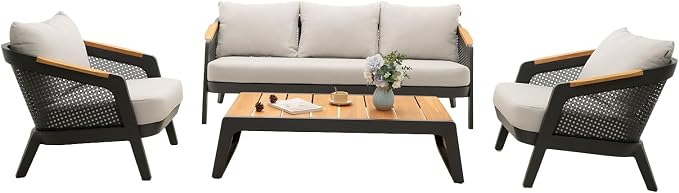 4 Pieces Patio Furniture Set Outdoor Sectional Patio Conversation Sets Aluminum Sofa Set with Teak Coffee Table & Armrests, Grey