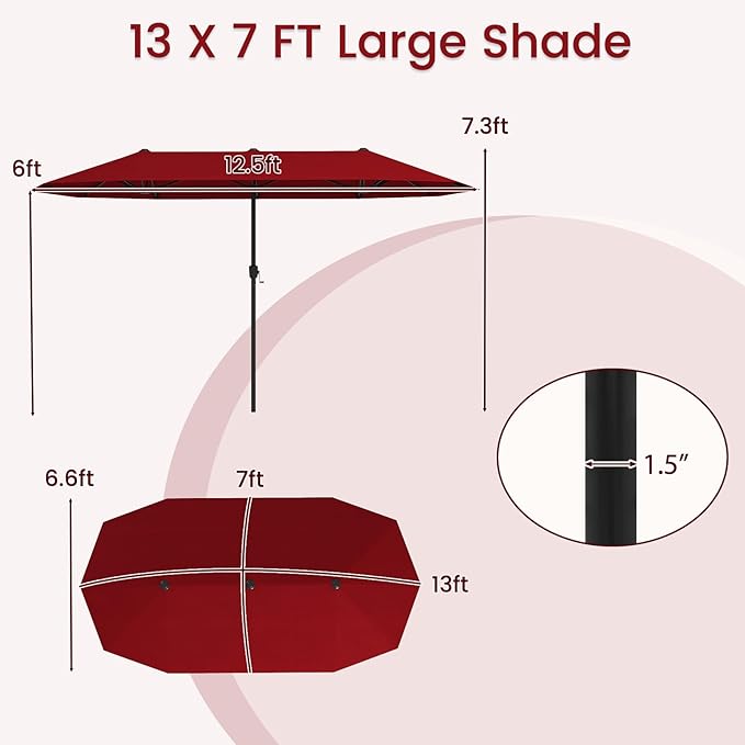 Tangkula 13 FT Large Patio Umbrella, Outdoor Double-Sided Table Market Umbrella w/Crank Handle, 12 Heavy-Duty Ribs, Sun-Protective Rectangular Twin Parasol for Garden Deck Lawn Poolside (Burgundy)