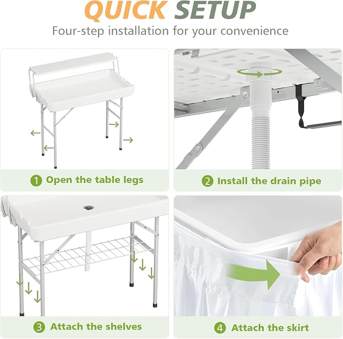 LHBcraft Outdoor Ice Cooler Folding Table with Extra Storage Shelf,Ice Tables for Parties with Drain,Cooler Server for Camping, Picnic, Wedding, BBQ (White)