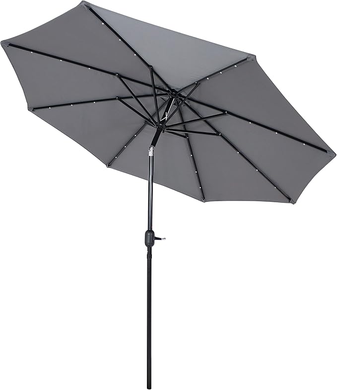 Sunnydaze 9 ft Outdoor Patio Umbrella with Solar Lights - Polyester LED Table Market Umbrella with Push-Button Tilt and Crank - Gray