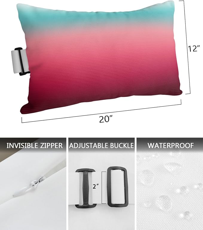 Outdoor Pillows Covers with Inserts Turquoise Rose Red Stripe Gradient Waterproof Recliner Pillow with Adjustable Strap Throw Pillows for Patio Furniture Pool Lounge Chair, 12x20 inch, 2PCS