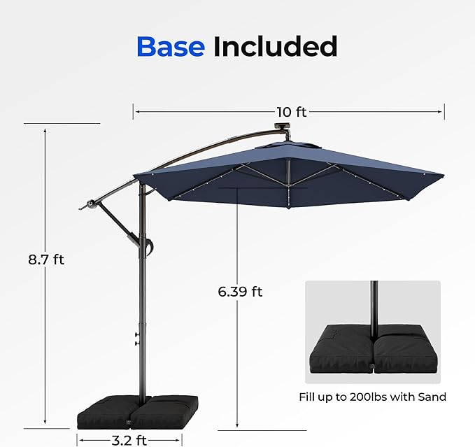 HOMSHADE 10FT Offset Patio Umbrella with Solar Lights, Outdoor Patio Umbrella with Base Included, Easy Tilt and UPF50+ Cantilever Market Hanging Umbrellas for Pool, Deck, Garden, Patio (Navy Blue)