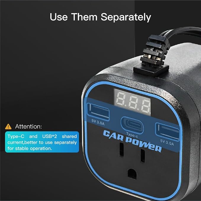 FAMIDGE 200W Car Power Inverter, 12v to 110v, Car Adapter with Dual USB and Type-C for Laptop, Black