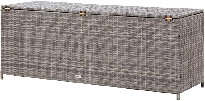Patio Storage Box with Bench 59.1"x19.7"x23.6" Gray PE Rattan Outdoor Furniture Deck Box Waterproof Liner for Garden Poolside Backyard Porch Decor