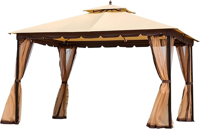 Bezseller 10x12 Outdoor Patio Gazebo with Powder-Coated Metal Frame, Stable Double-Tier Canopy with Zip Mesh Sidewalls for Backyard Dining & Entertaining, Khaki