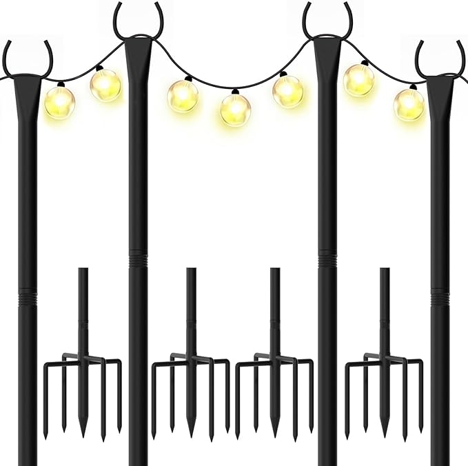 String Light Poles for Outside, 10ft Outdoor Poles for String Lights, Heavy Duty Stepped-in 5-Prong Base Light Pole for Backyard, Patio, Garden, Wedding & Party Decor (4 Pack)