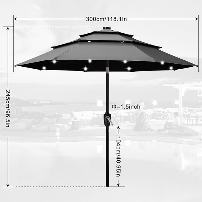 ABCCANOPY Solar Led Patio Umbrellas 3-Tiers 10FT (Dark Gray)