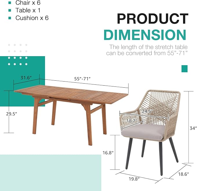 Patiorama 7-Piece Dining Set, Outdoor Dining Table Chair Set, Patio Wicker Dining Table Chair Set with 55"-71" Acacia Wood Expandable Table & Twisted Rattan Chairs for Yard Garden(Tan & Cross Back)