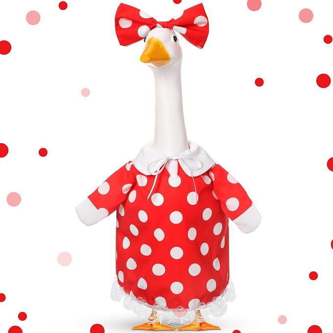 FuWeave Goose Outfit Flower Porch Goose Clothes for 23" Large Statue Outdoor Patio Yard Lawn Art Decoration, Red White Dots