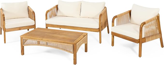 Merax 4-Piece Outdoor Acacia Wood Wicker Patio Conversation Set with Loveseat,2 Chairs and Coffetable,Deep Seating with Soft Cushion