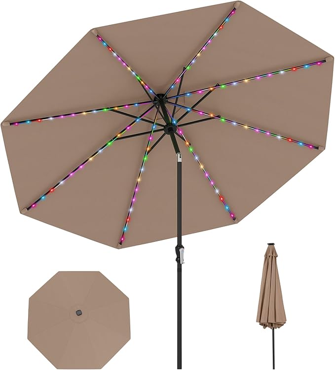 Tangkula 10 FT Solar Patio Umbrella, Outdoor Market Table Umbrella with 96 Multi-Colored Flowing LED Lights, 9 Modes, Tilt Adjustment, Crank Handle, 8 Ribs, Vented Top for Backyard Poolside Deck Lawn (Tan)