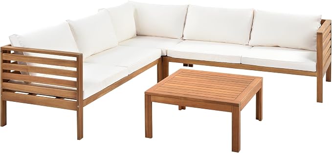 Merax 4-Piece Outdoor Sectional Furniture Set, All-Weather Acacia Wood Patio Sofa with Washable Cushions, Water-Resistant and UV Protected Conversation Set for Backyard, Poolside, Garden, Beige