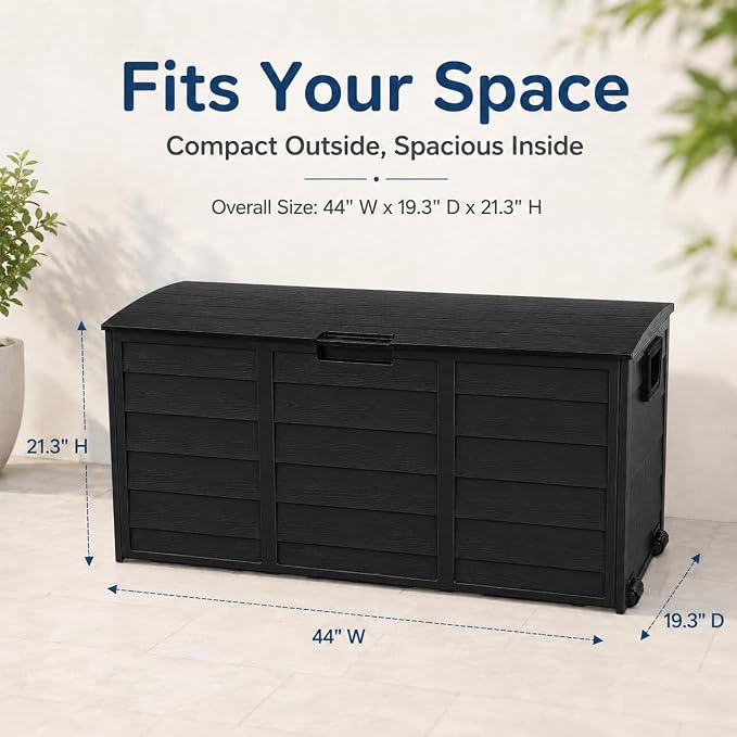 75 Gallon Resin Deck Box, Waterproof Outdoor Storage Box with Wheels, Lockable Lid and Handles, Large Deck Storage for Outdoor Gear, Patio Furniture Cushion, Gardening Tools, Jet Black