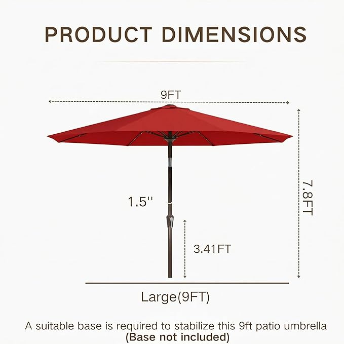 Kingdura 9FT Outdoor Patio Umbrella with Solar Lights, Market Table Umbrella with Push Button Tilt & Crank, 8 Sturdy Ribs, 32 LED Lights, UV Protection for Garden Lawn Deck Backyard Pool (Red)