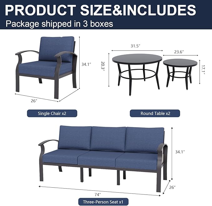 Kurapika Aluminum Patio Furniture Set 5-Seat Modern Metal Outdoor Conversation Sets w/5.1 Inch Cushion Patio Sectional Sofa with 2 Round Coffee Tables, Navy Blue