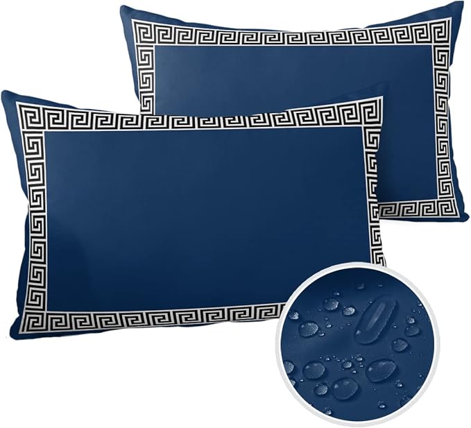 Prime Leader Outdoor Waterproof Pillow Covers Set of 2, Chinese Style Pattern Navy Blue Background Patio Throw Pillow Covers, Decorative Cushion Case for Couch Sofa Furniture Garden, 20x12 Inch
