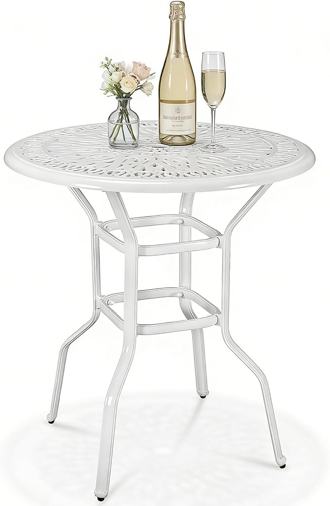 MEETWARM Patio Height Bar Table, 35.4" Bar Height Bistro Table, Outdoor Cast Aluminum Bistro Round High Top Dining Table with 2" Umbrella Hole for Garden Deck Backyard, White