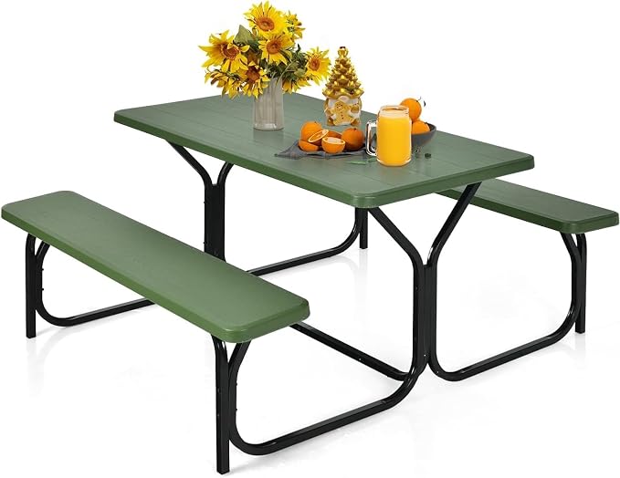 LDAILY Picnic Tables, Rectangular Picnic Table with Steel Frame, 2 Benches Set, HDPE Tabletop, Plastic Picnic Table for Outdoor, Camping, Patio, Lawn, Yard, Picnic Parties (Green)