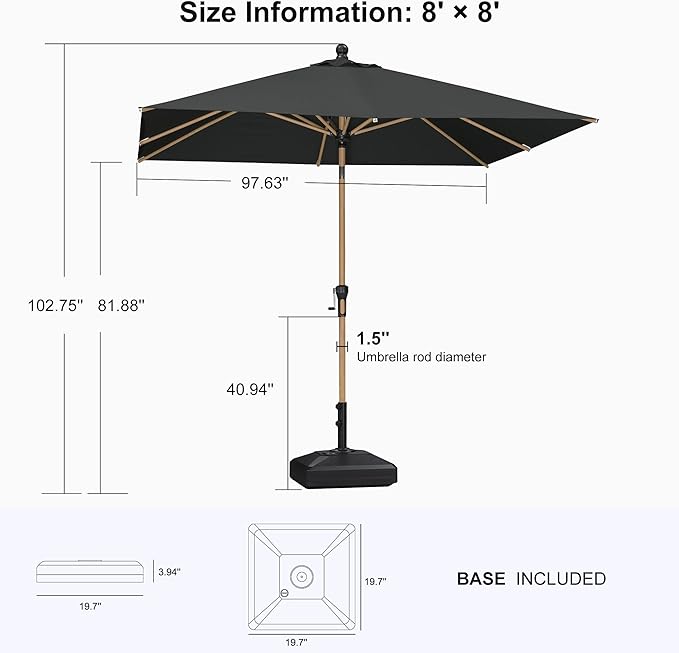 PURPLE LEAF 8' x 8' Square Outdoor Umbrella with Base Outdoor Table Umbrella Aluminum Patio Umbrella with Push Button Tilt & Crank and 8 Ribs Market Umbrella for Pool Backyard Beach, Black