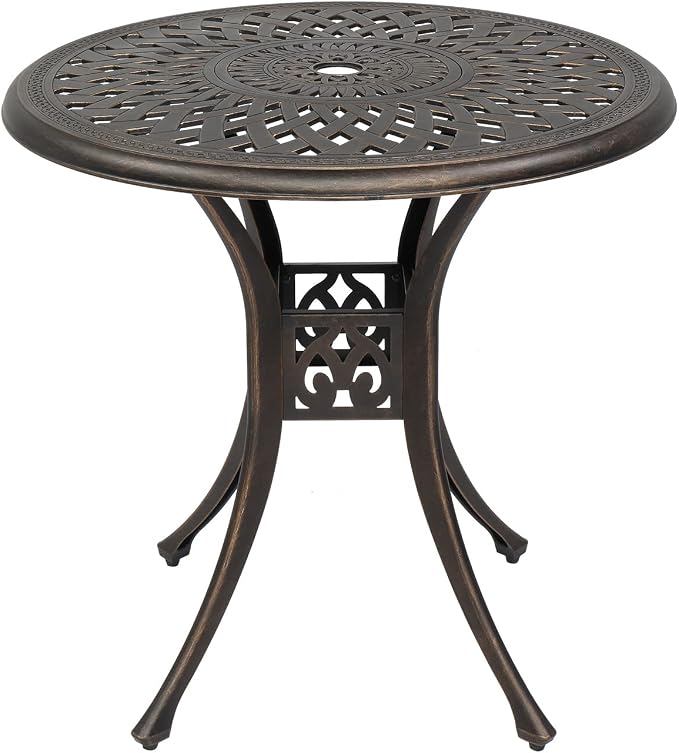 Patio Bistro Dining Table with Umbrella Hole,Cast Aluminum Backyard Bistro Round Table, Outdoor Garden Furniture Table