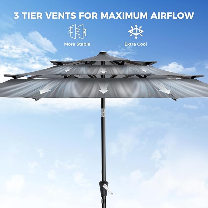 HOMSHADE 9FT 3-Tiers Outdoor Patio Umbrella with 5-Year Fade Resistant,Vented Outdoor Commercial Market Umbrella with UPF50+ UV Protection & Push Button Tilt and Crank for Pool,Backyard(Grey)