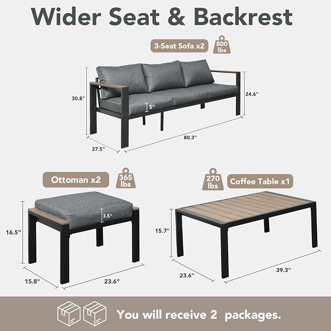 Patio Furniture Set 8 Seats and Coffee Table, Patio Conversation Set with Washable Thick Cushions, Deluxe Aluminum Modern Outside Sectional for Porch, Balcony, Deck, Yard, Light Gray