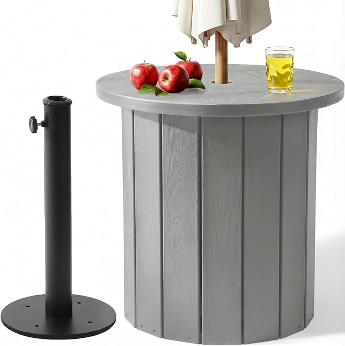 PASAMIC 2-in-1 Patio Table Umbrella & Outdoor Side Table, Large Round Small Outdoor Table with Umbrella Hole, Fits 1.5-1.9in Pole, 5Gal Water Bag Base, HDPE for Poolside, Deck, Garden Use, Gray