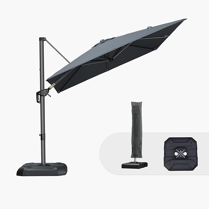 PURPLE LEAF 8'×8' Patio Cantilever Umbrella with Base Included Offset Outdoor Umbrella with Cover Square Outdoor Patios for Backyard Pool Garden Grey