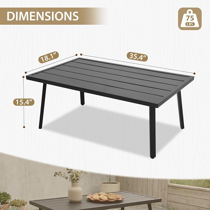 Patio Coffee Table, Rectangle Outdoor Coffee Table with Wood Grain Tabletop for Patio, Balcony and Garden, Black