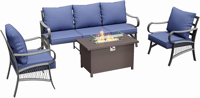 4 Piece Patio Furniture Set with 50000 BTU Propane Fire Pit Table, All Weather Metal Outdoor Conversation Sofa Set with Thick Cushions for Garden, Porch, Lawn, Blue