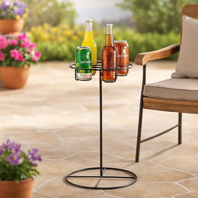 SkyMall Outdoor Beverage Table – Black Metal Drink Holder with 4 Cup Slots – Indoor/Outdoor Drink Stand for Patio, Lawn, Garden, or Picnic – Compact & Portable Beverage Rack – 20.5” High