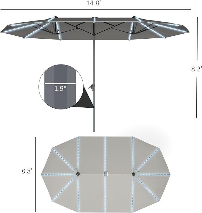 Outsunny 15ft Extra Large Patio Umbrella with Bright Solar Lights, Aluminum UPF50+ Double-Sided Outdoor Table Market Umbrella with Fiberglass Ribs Crank Air Vents for Backyard Deck Pool