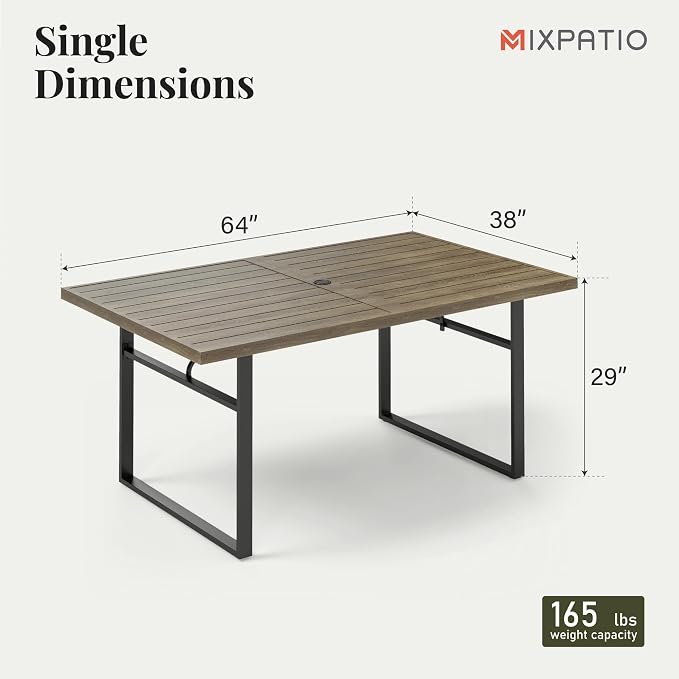 MIXPATIO Outdoor Patio Dining Table for 6, Teak Rectangle Patio Table with Umbrella Hole, All Weather Wrought Iron Black Outdoor Table for Garden Backyard Lawn Yard