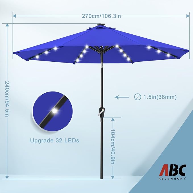 ABCCANOPY Durable Solar Led Patio Umbrellas with 32LED Lights 9FT (Blue)