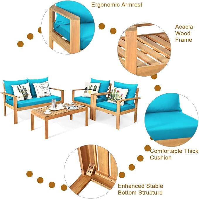 HAPPYGRILL 4 Pieces Wood Patio Conversation Set, Outdoor Furniture Set Wood Sofa Table Set with Cushions, Acacia Wood Chairs & Coffee Table Set for Garden Backyard Poolside