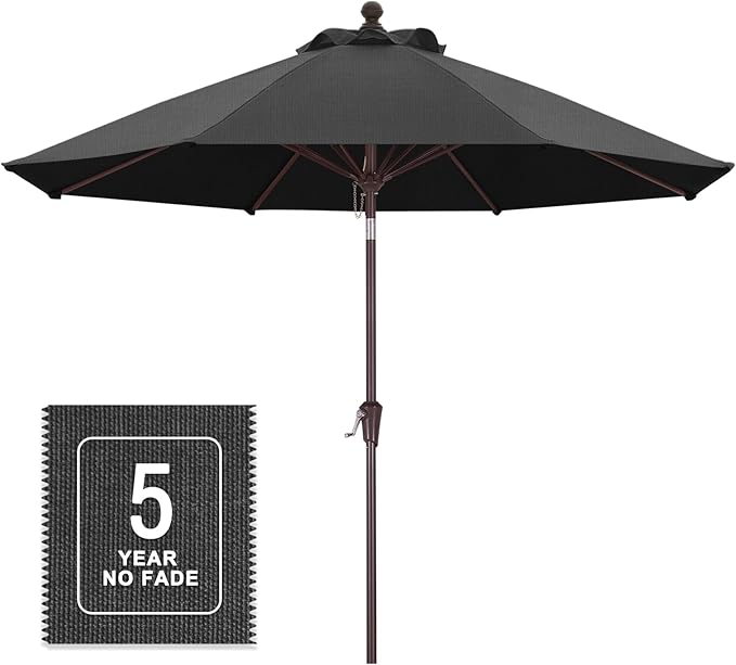 MASTERCANOPY Olefin 5-Year-Non-Fading 9ft Patio Umbrella with Tilt and Crank, Large UV Resistant Outdoor Table Umbrella with 8 Fiberglass Ribs for Deck, Yard & Market, Dark Grey
