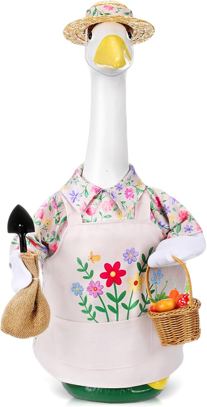 Floral Garden Porch Goose Outfits 23 Inch Geese Statue Costume with Hat Basket Shovel Goose Clothes for Spring Outdoor Garden Lawn Patio Decor