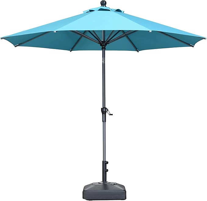 PURPLE LEAF 9' Round Patio Market Umbrella with Base Outdoor Table Umbrellas Aluminum Frame Sun Shade with 8 Sturdy Ribs Tilt for Garden Deck Lawn Pool Turquoise Blue