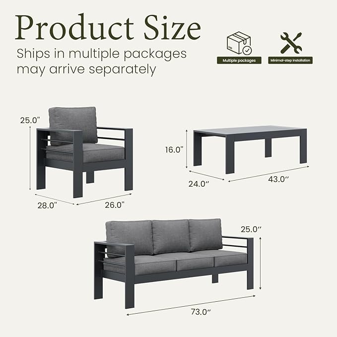 LayinSun Outdoor Aluminum Furniture Set, 4 Pieces Patio Sectional Conversation Chat Sofa Modern Seating Set with Coffee Table
