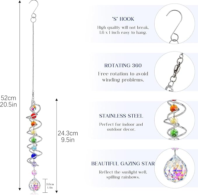5 Pack Crystal Gazing Ball Spiral Wind Spinner Garden Decor | Crystal Suncatcher Wind Spinner with Spiral Tail Gazing Ball Hanging for Indoor Outdoor Garden Patio Yard Home Decor