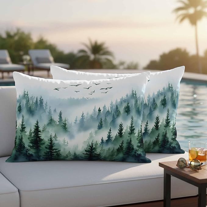 Bird Fog Forest Outdoor Waterproof Throw Pillow Covers Set of 2, 20"x12", Abstract Spring Dark Green Forest Tree Mystery Watercolor Decorative Pillow Covers Outside Cushion Case for Patio Porch Garden
