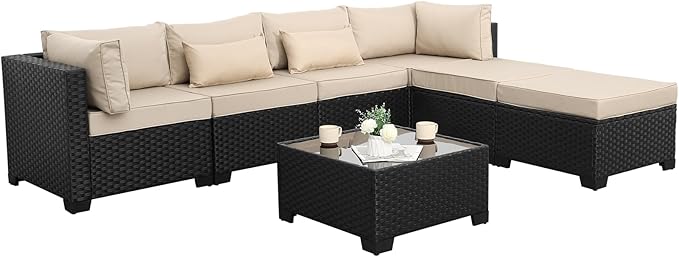 7 Pieces Outdoor PE Wicker Furniture Set Patio Rattan Sectional Conversation Sofa Set with Khaki Cushions and Glass Top Table