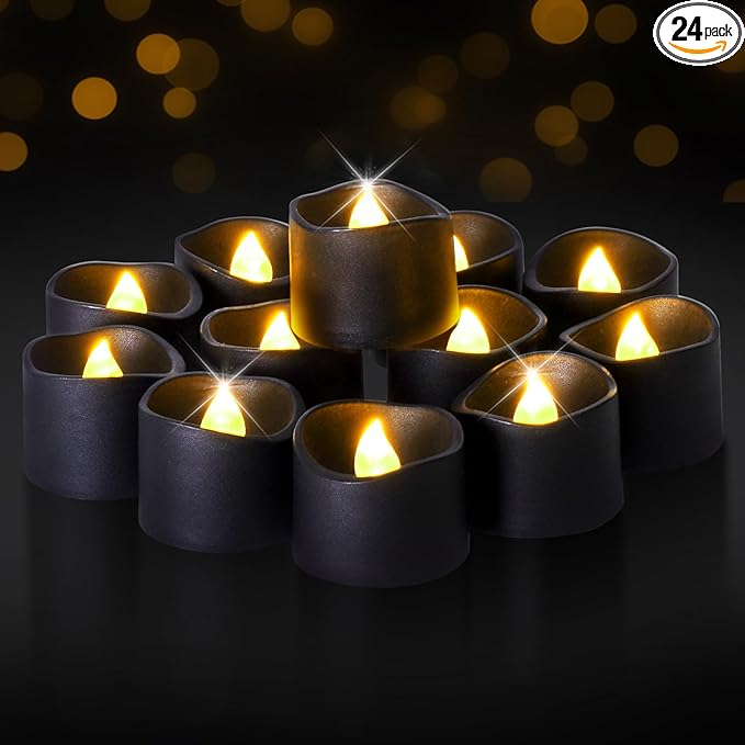 Raycare 24 Pack Black Battery Operated Tea Lights, 200+Hour Electric Flickering Flameless Candles, Realistic Votive LED Tea Lights for Wedding Party Table Christmas Halloween Decorations