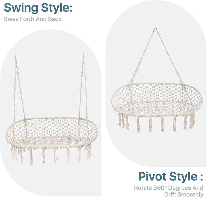 Double Hammock Chair for Indoor & Outdoor Use, Durable Woven Cotton Ropes & Iron Frame, Comfortable Seating for Patio Garden and Porch, 700 lbs Capacity, White