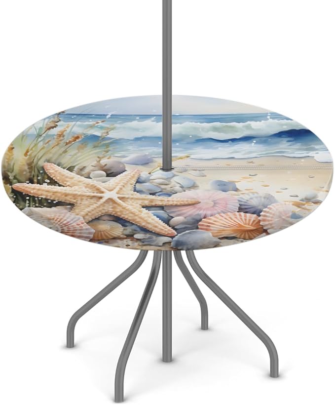 OSAM SPACE Outdoor Tablecloth with Umbrella Hole, Round Elastic Fitted Table Cloth with Invisible Zipper, Beach Starfish Picnic Patio Table Cover 36-44in