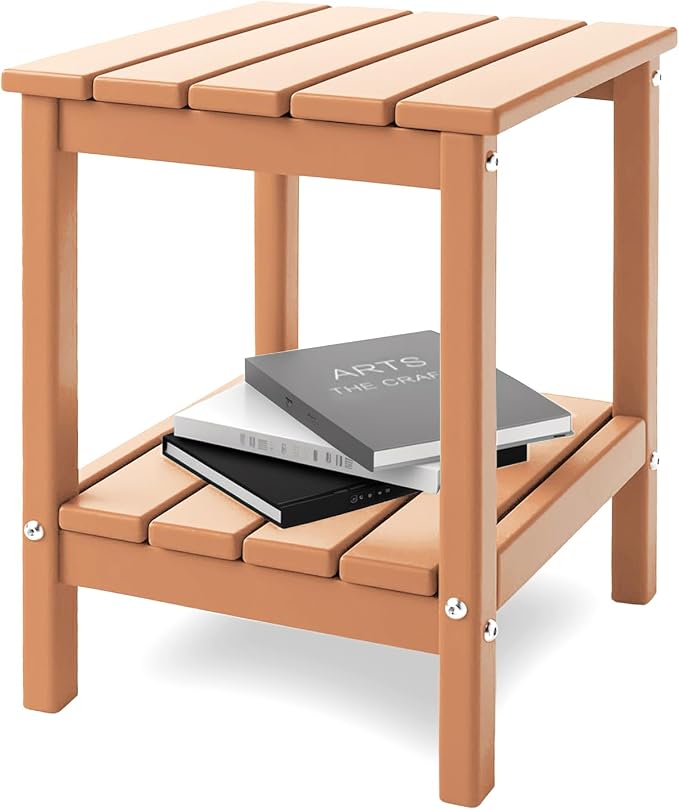 IVY&LANE Adirondack Outdoor Side Table | HDPE Plastic | Patio End Tables with Storage | 2-Shelf | Weather Resistant | Teak | 14 x 13 Inches | for Outside Porch Deck Backyard Indoor