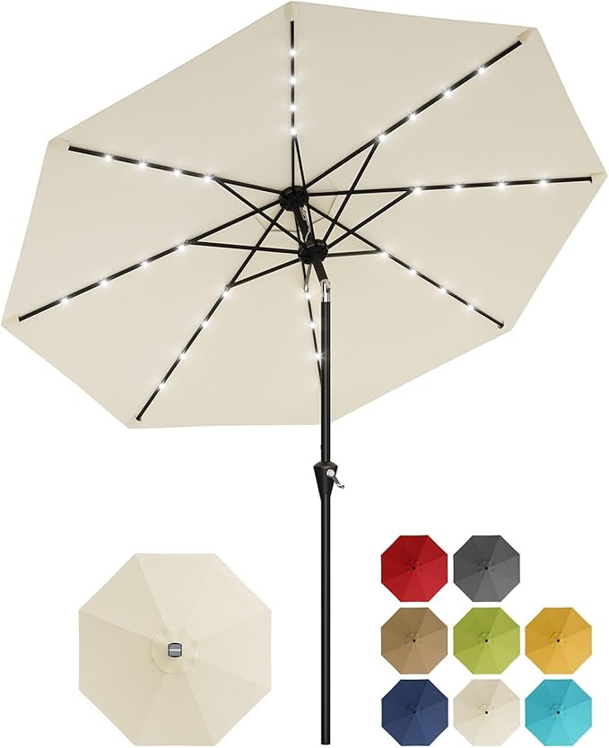 Garvee 9/10 FT Solar Patio Umbrella with 32 LED Lights - Outdoor Table Umbrella with Crank Lift, Push Button Tilt and 8 Sturdy Ribs - Market Umbrella UV Protection for Pool, Deck, Yard, Garden