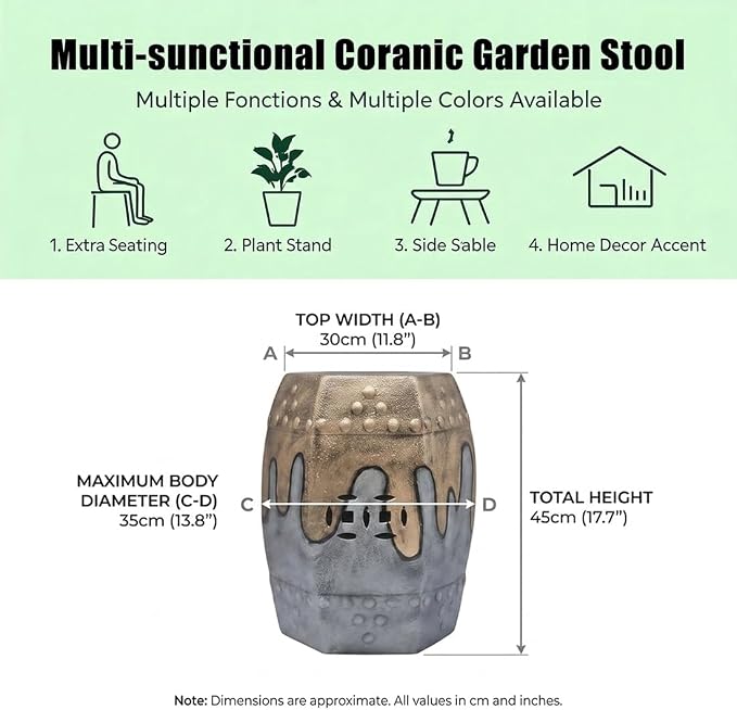 Decorative Ceramic Garden Stool, Hand-Crafted Outdoor Side Table, Shoe Changing Drum Stool for Patio, Living Room Accent Furniture(Gold)